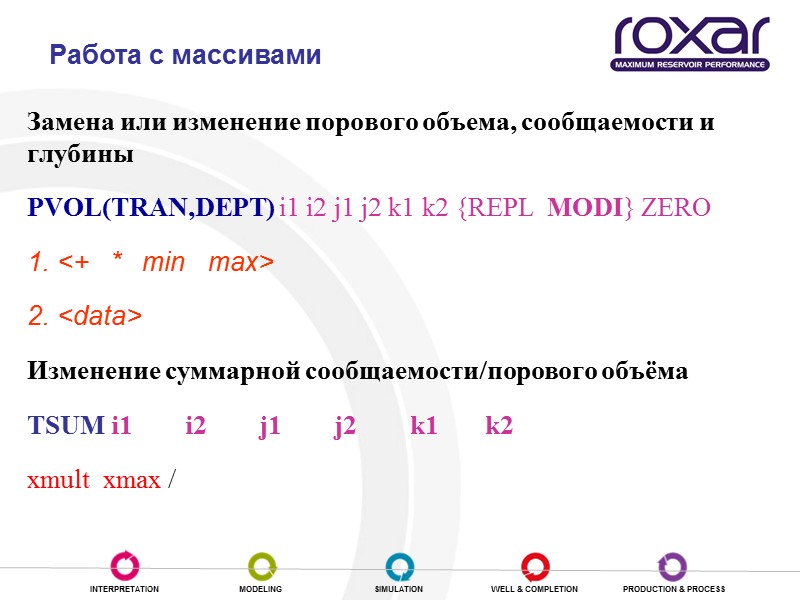 Замена или изменение порового объема, сообщаемости и глубины PVOL(TRAN,DEPT) i1 i2 j1 j2 k1
